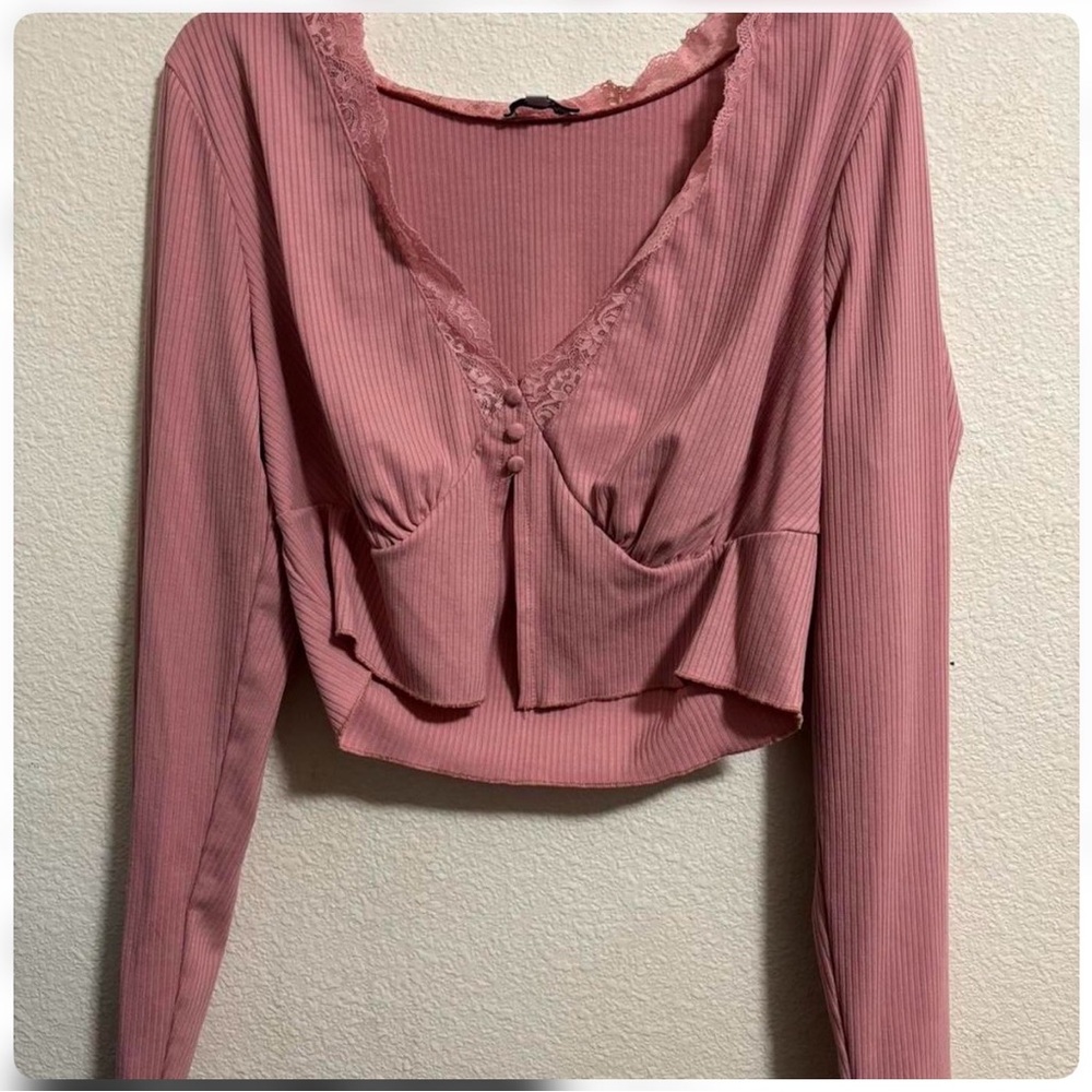 Fashion Nova Dusty Rose Ribbed Lace-Trim Long Sleeve Crop Top